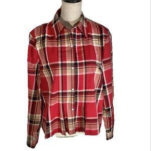 Jones New York Signature Red Plaid Shirt XL Long Sleeve Button Up Pleated Front